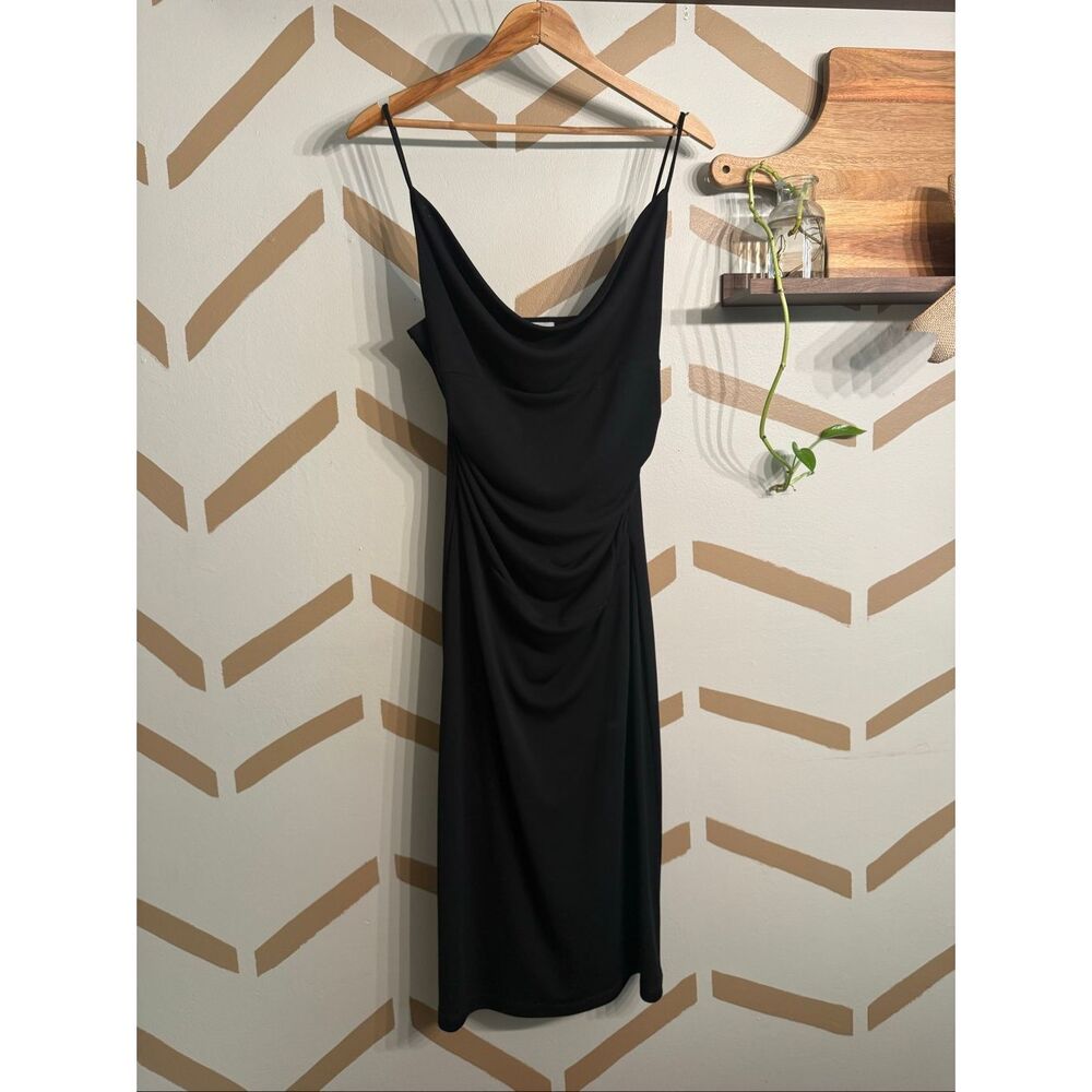 Ruby Black Cowl Neck Sleeveless‎ Ruched Side Draped Waist Midi Dress Size Large